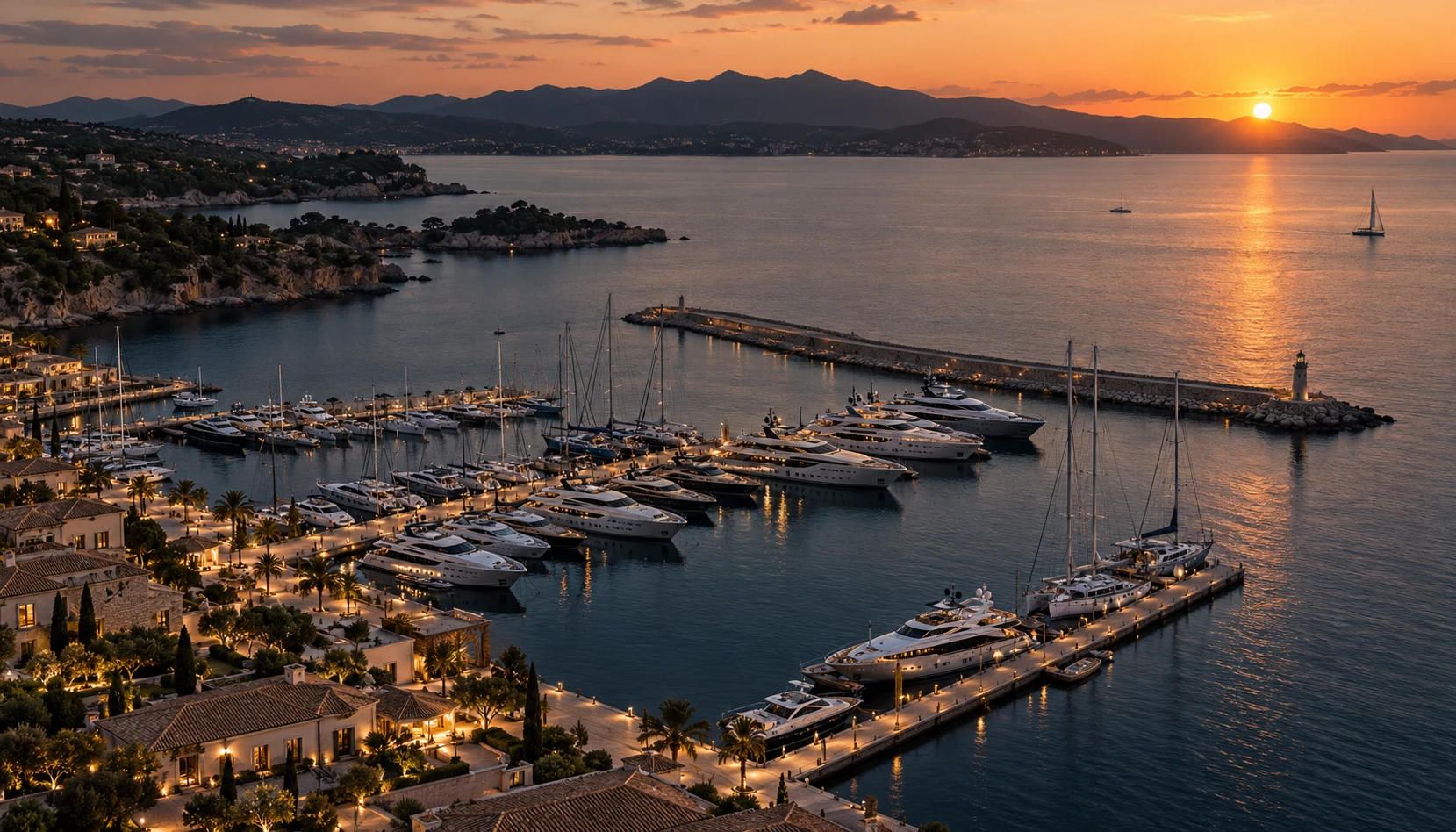 Illustrative view of a marina at sunset
